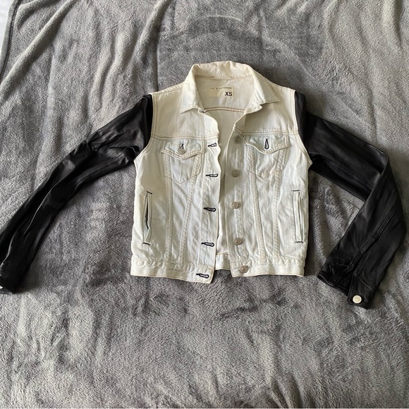 rag & bone Bleached Denim Jacket with Black Leather Sleeves - Picture 4 of 7